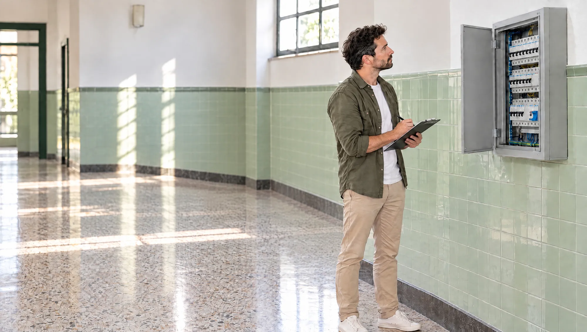 Un Licenciado de Estudio TREO anota en una tabla frente al tablero eléctrico abierto de una Escuela, sin tocarlo