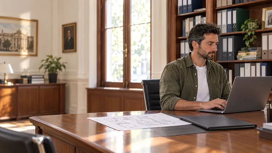 Un Licenciado de Estudio TREO prepara en la notebook la documentación de la Plataforma en la secretaría de una Escuela