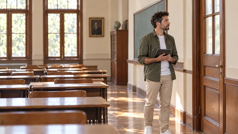 Un Licenciado de Estudio TREO recorre un aula vacía con la tablet y revisa la puerta