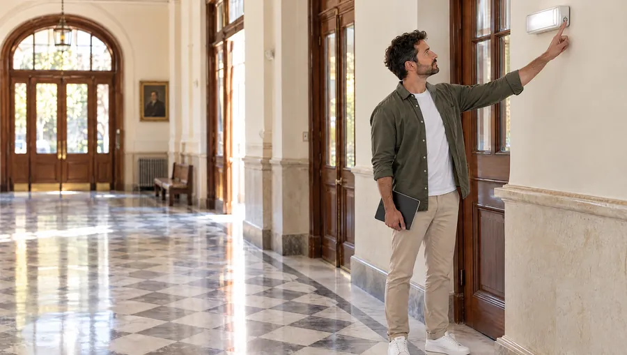 Un Licenciado de Estudio TREO prueba una luz de emergencia en el pasillo vacío de una Escuela